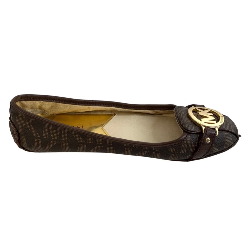 Michael Kors Brown Logo Leather Flats Gold MK Hardware Women’s Size 7M Moc
